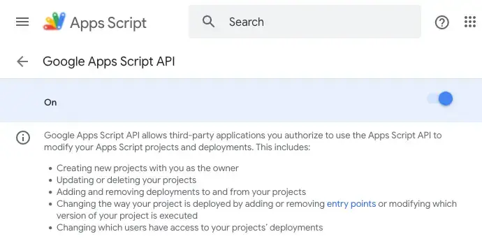 Google Apps Script API settings