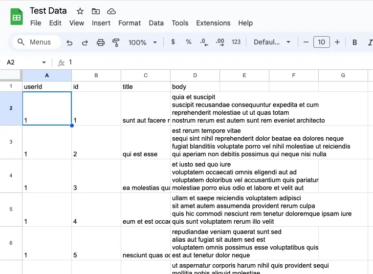 Google Sheets with the JSON data from the API